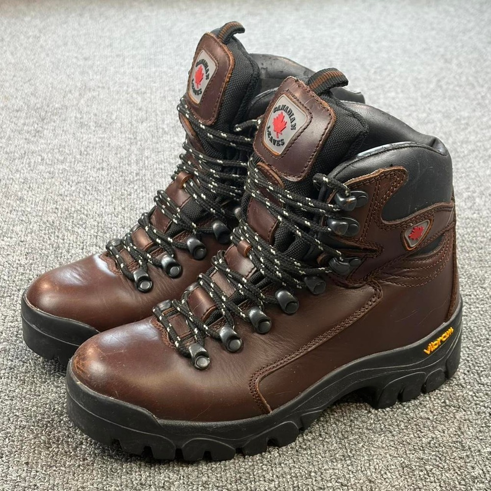 Canadian Leaves Brown Leather Vibram Soles Lace Up Hiking Boots Size 6
